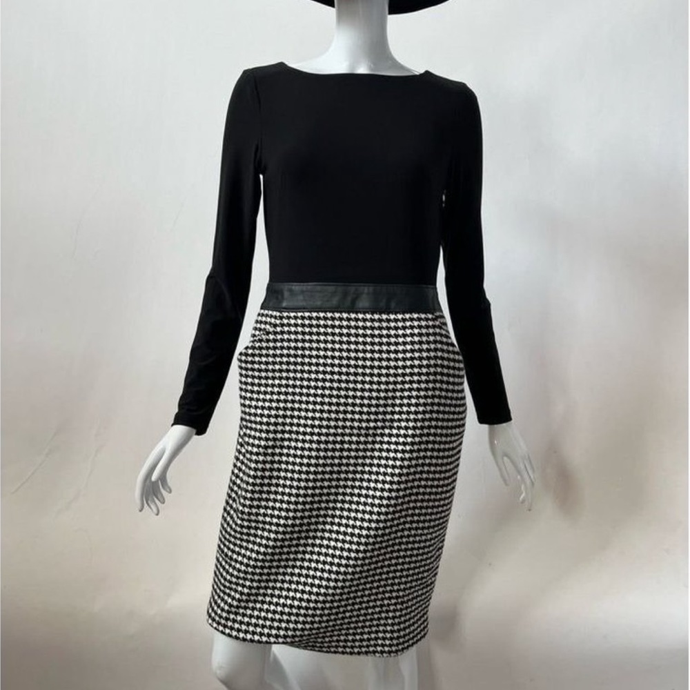 Lauren Ralph Lauren Womens Sheath Dress Black Houndstooth Stretch Long Sleeve 4